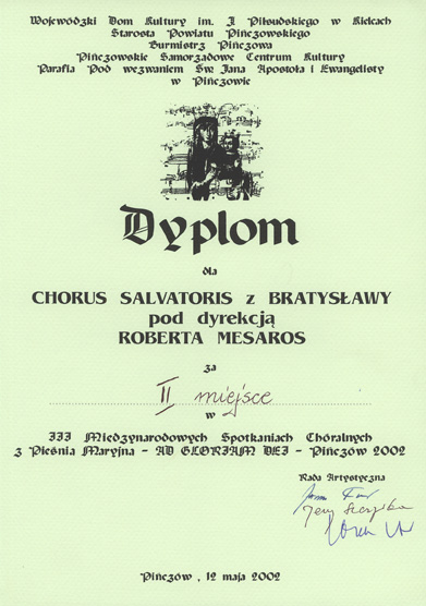 Diplom za II. miesto z III. ročníka festivalu Międzynarodowe Spotkania Chóralne z Pieśnią Maryjną “Ad Gloriam Dei” (Pińczów 2002)