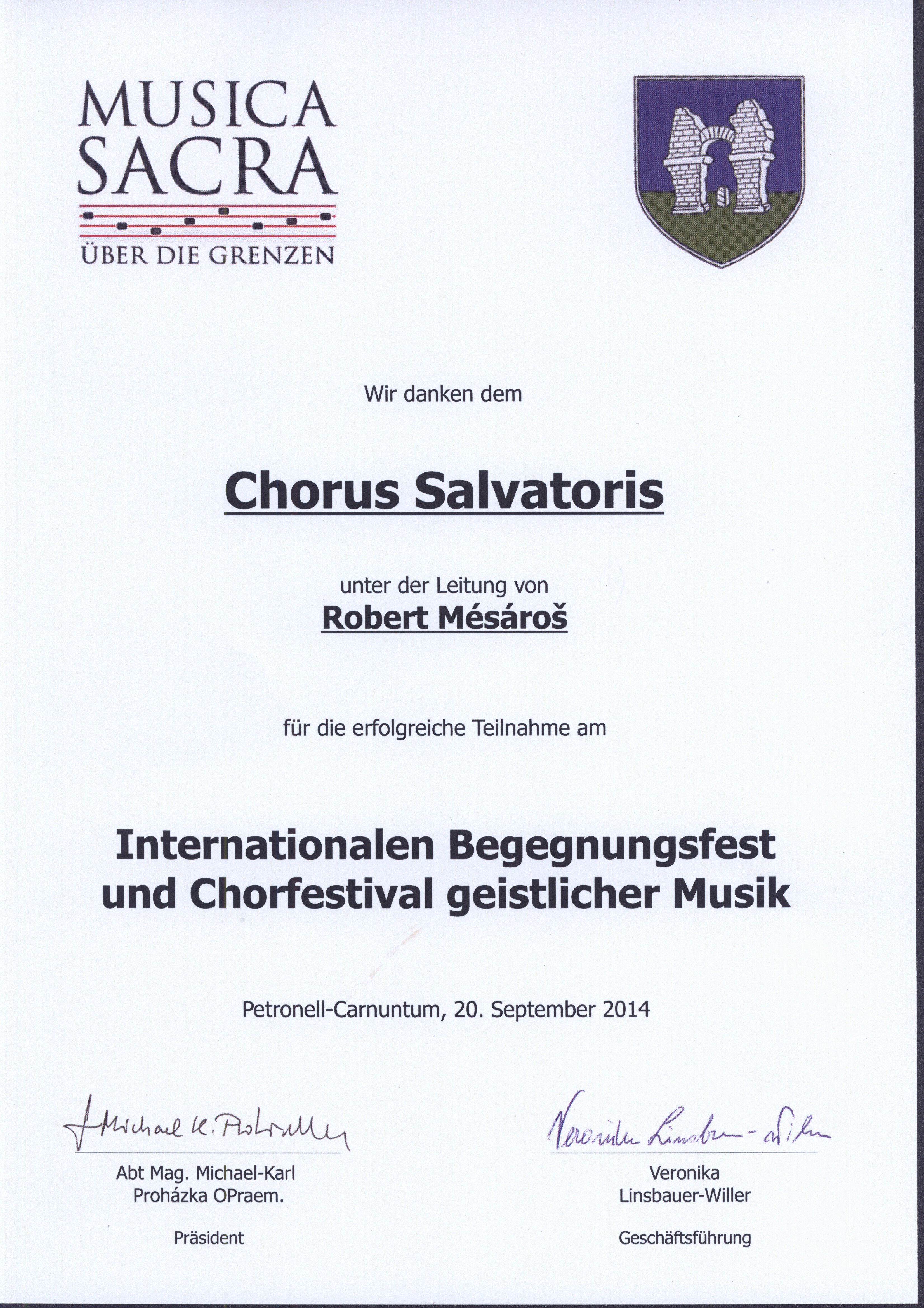 Poďakovanie za účasť na medzinárodnom hudobnom festivale Musica sacra über die Grenzen, 20. septembra 2014